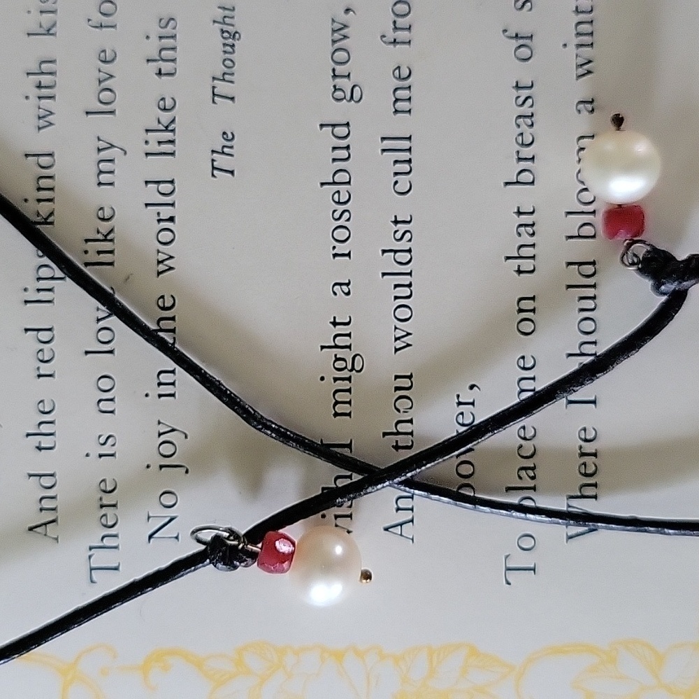 Handcrafted Natural Pearl and Real Ruby Leather Lariat Necklace - Picture 4 of 13
